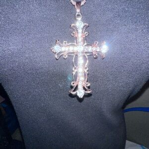 Rose Gold Plated Cross With Rhinestones on A Rose Gold Plated Bamboo Necklace